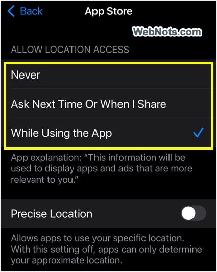 Disable Location Sharing for App