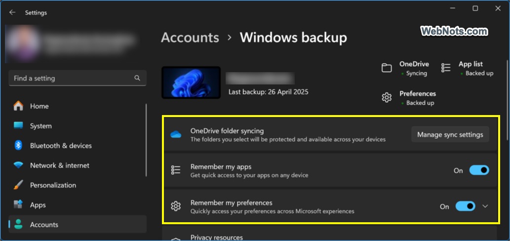 OneDrive Backup Settings