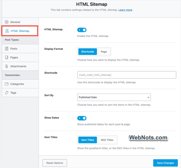 Rank Math HTML Sitemap Option