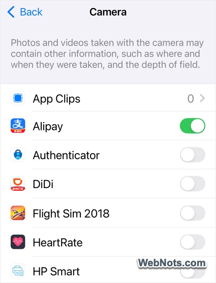 Remove Camera Access for Apps