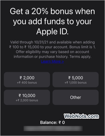 20% Bonus for Adding Fund to Apple Account