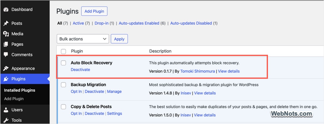 Block Recovery Plugin Activated