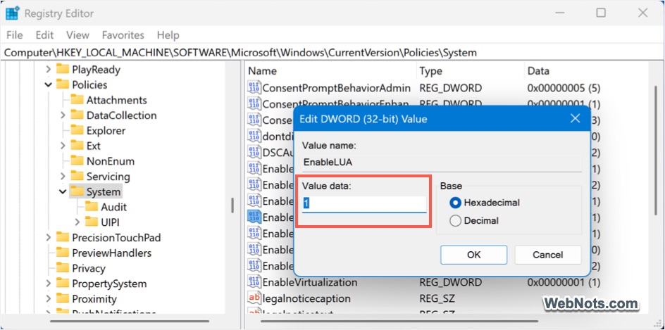 Change Value Data to Disable UAC