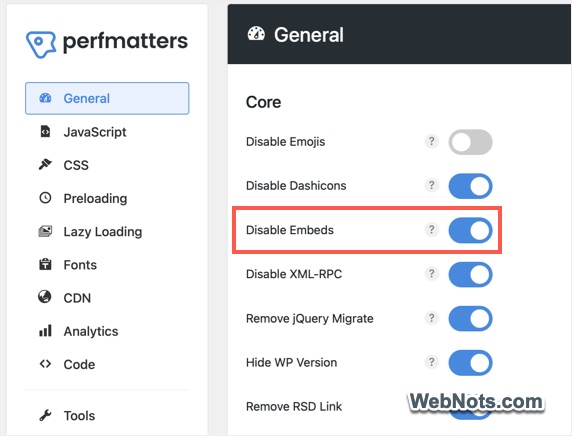 Disable Embeds in Perfmatters