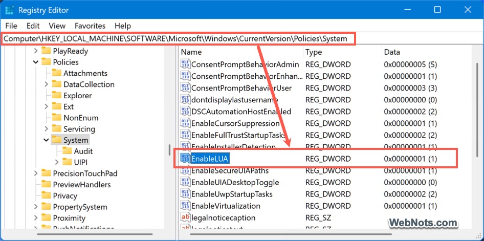 Open EnableLUA