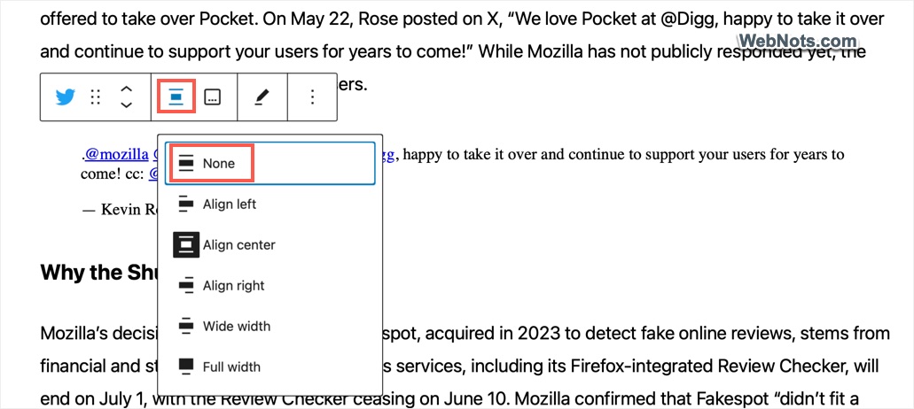 Remove Twitter Embed Block Alignment