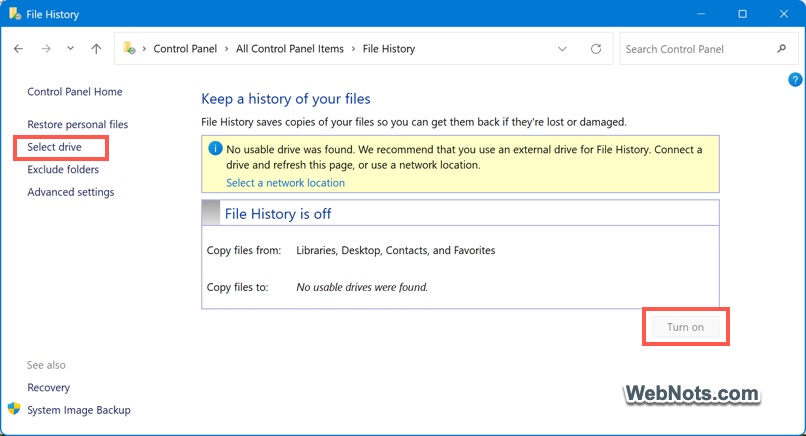 Turn On File History in Windows 11