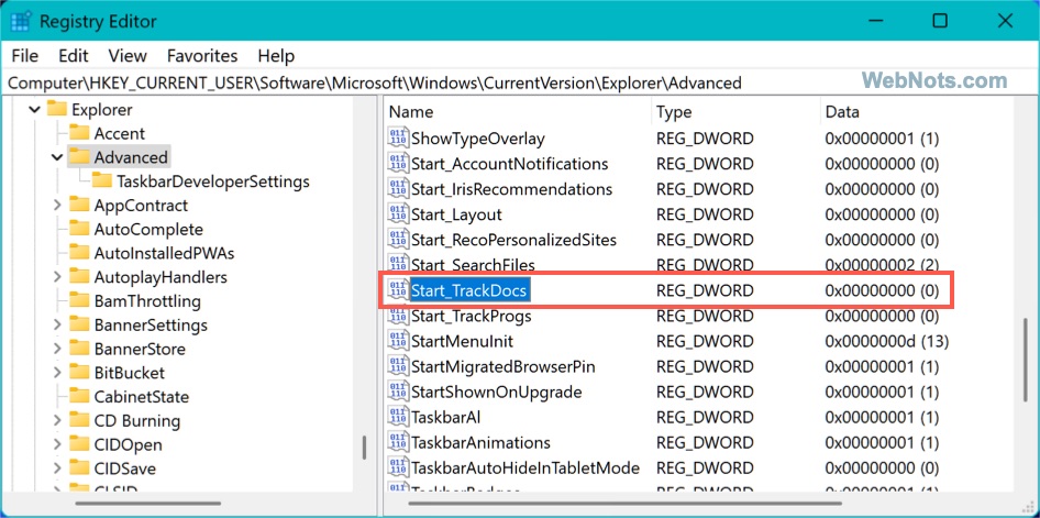 Edit Start_TrackDocs DWORD