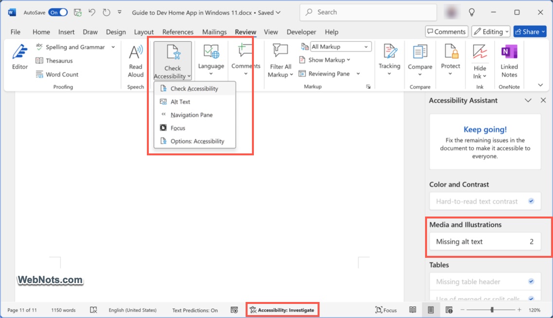 Check Accessibility Features in Word