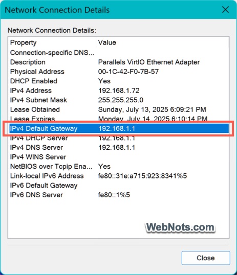 Default Gateway in Connection Details