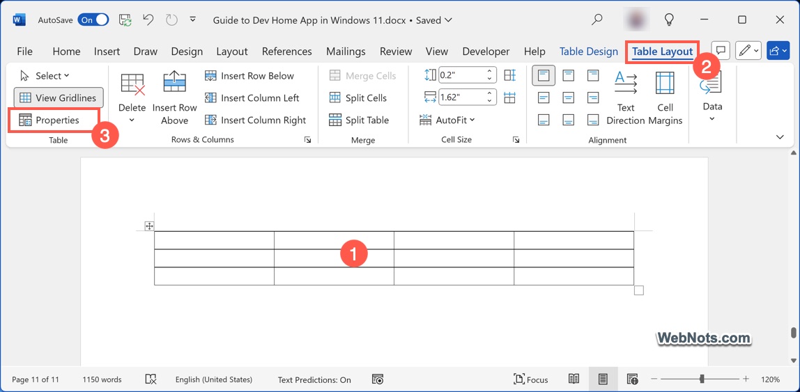 Open Table Properties in Word