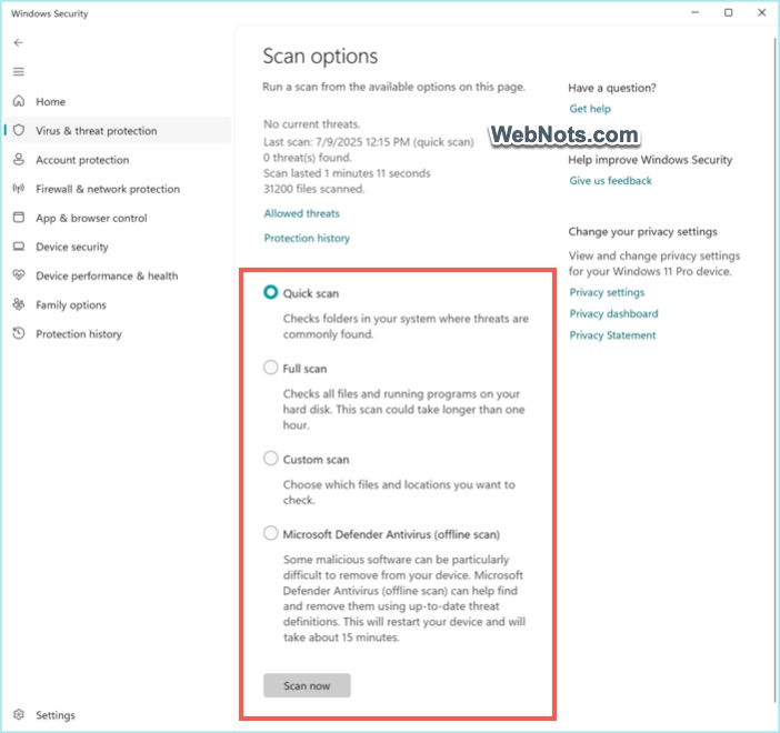 Scan Options in Windows Security