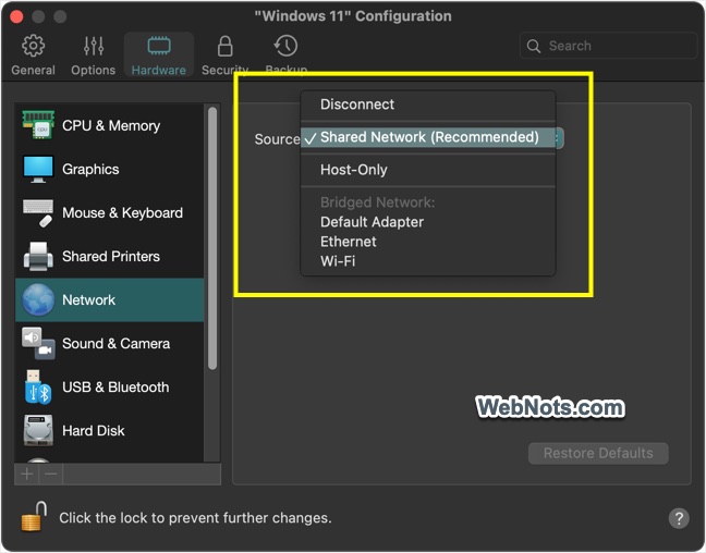 Select Network from VM Configuration