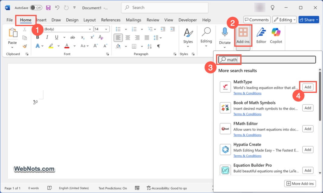 Add Math Add-ins in Word