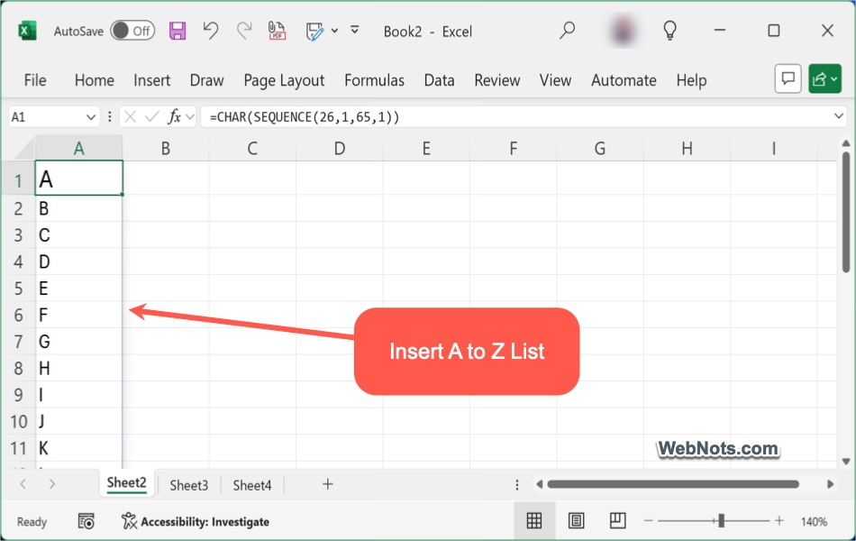 Insert A to Z List in Microsoft Excel