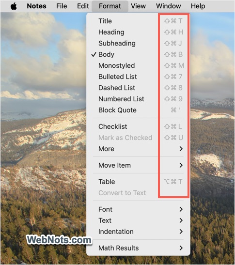 Menu Shows Shortcut Keys