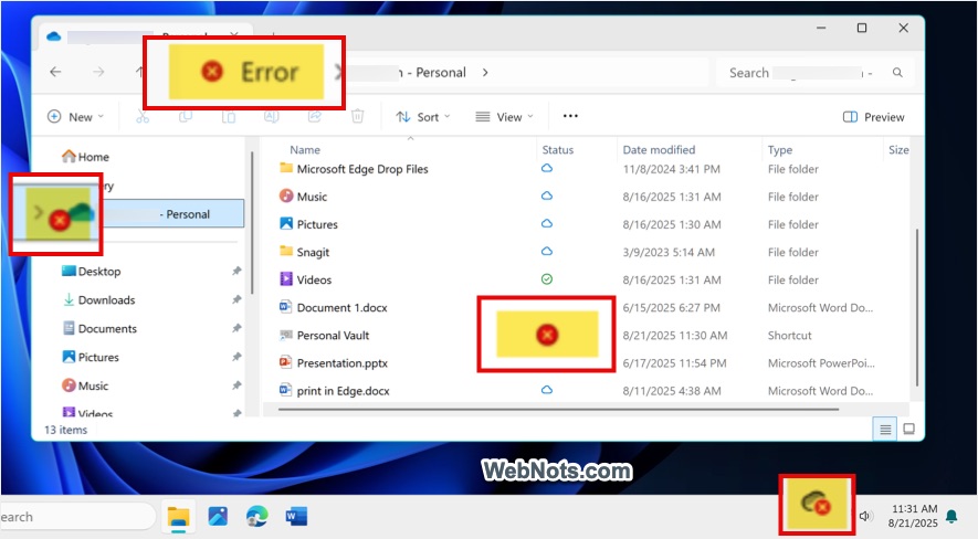 Personal Vault Setup Errors