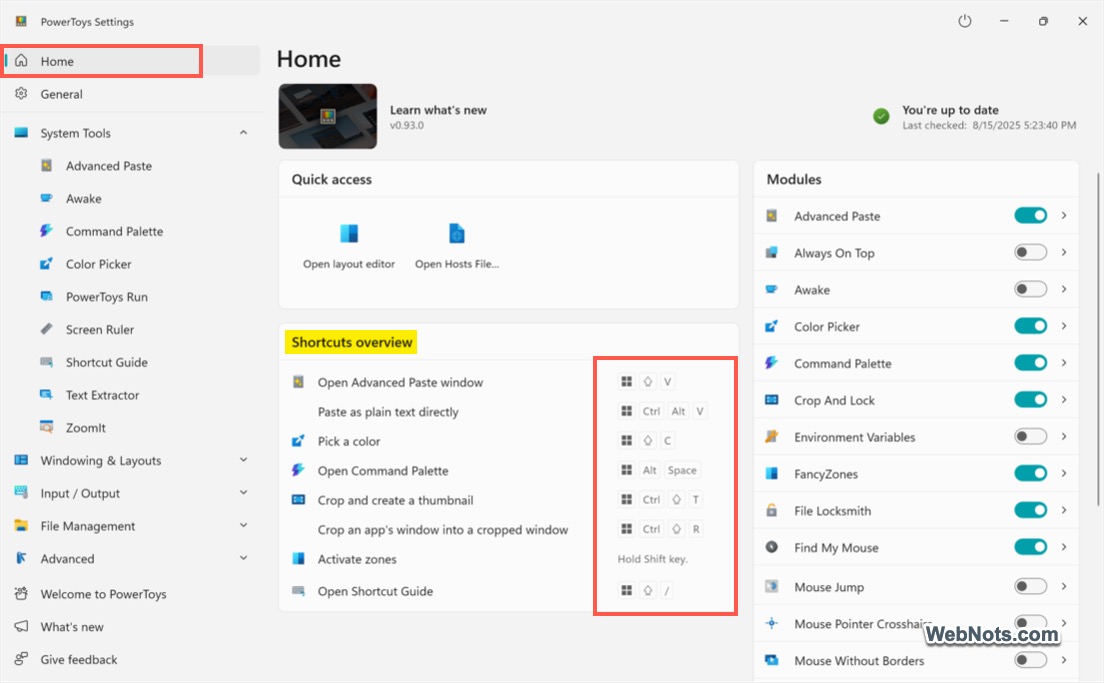PowerToys Dashboard Showing Shortcuts