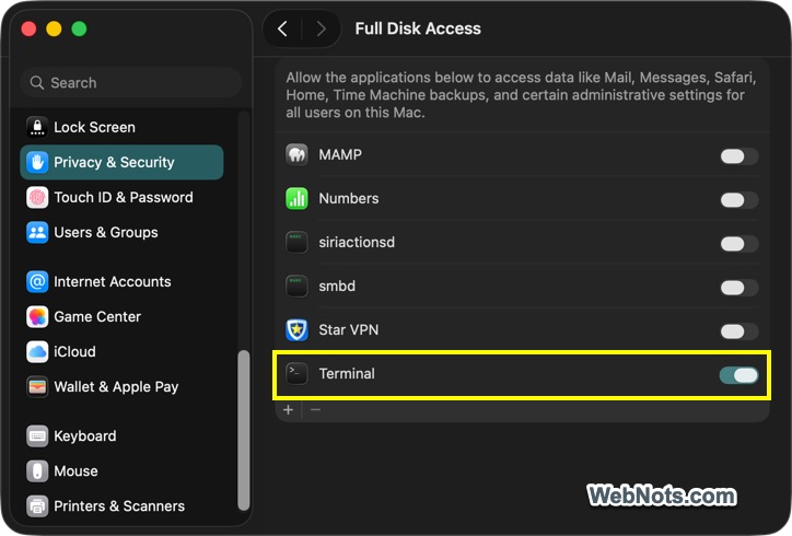 Provide Full Disk Access Permission for Terminal