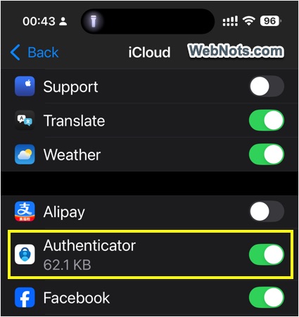 Enable Authenticator in Save to iCloud