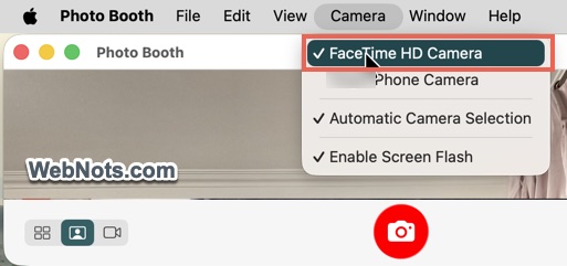 Select Mac Camera in Photo Booth