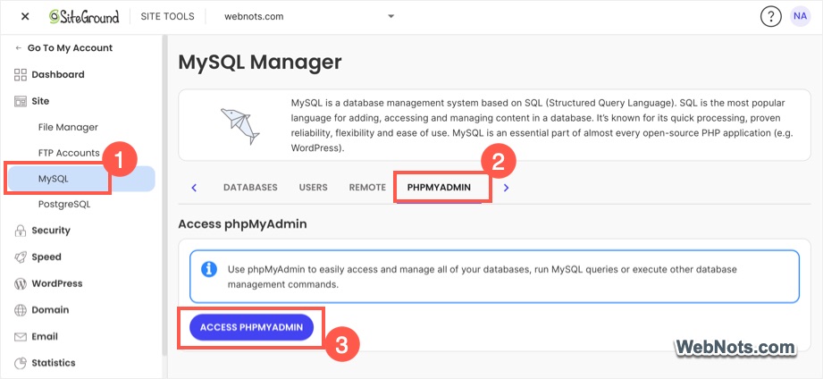 Access phpMyAdmin in SiteGround