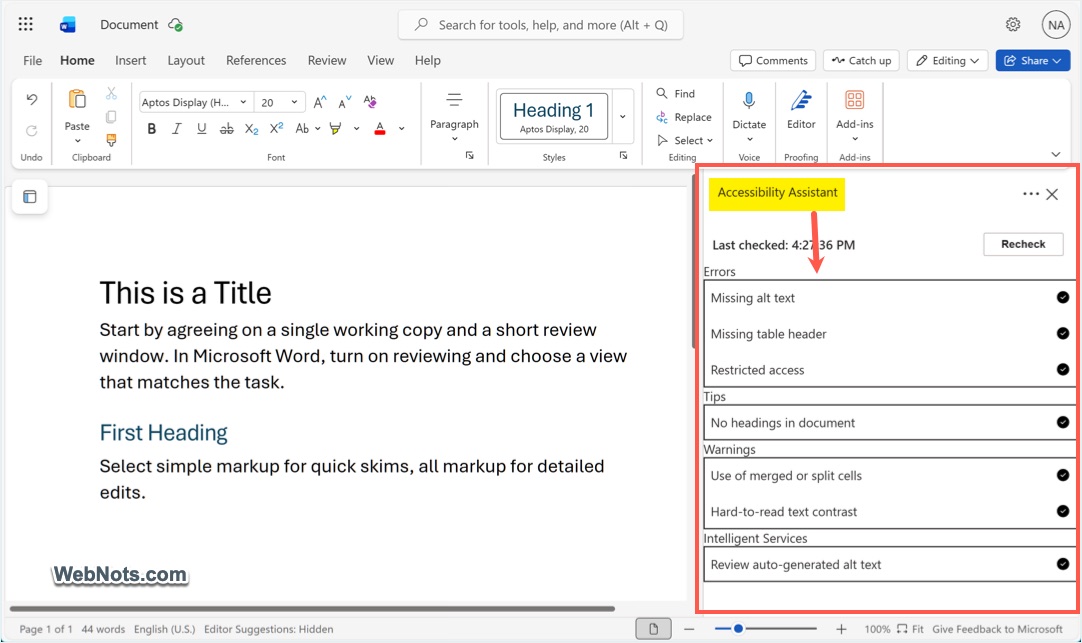 Accessibility Assistant in Word