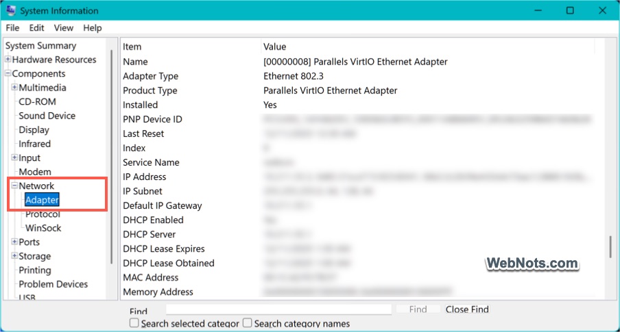 Adapter Details in System Information