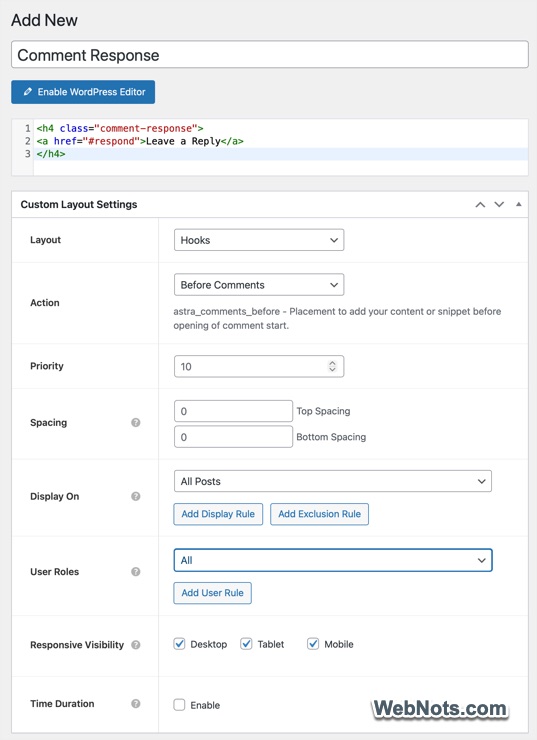 Astra Site Builder Layout for Comment Response