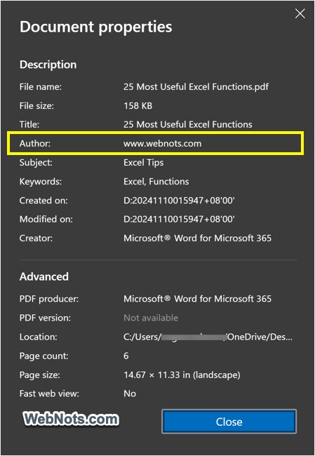 Author Name of PDF in Edge