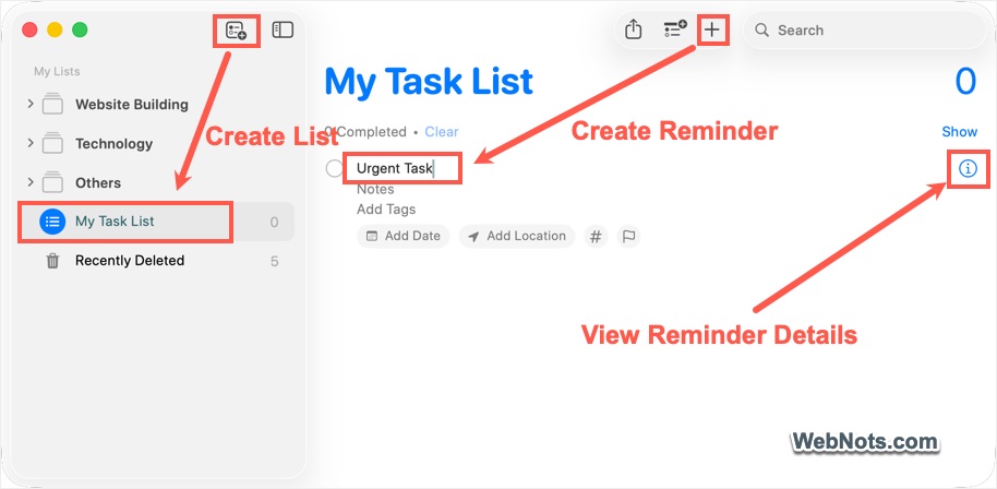 Create New Task in Reminders Mac