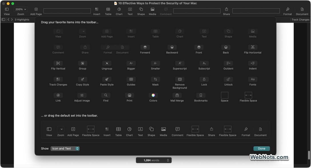Customize Pages Toolbar Icons
