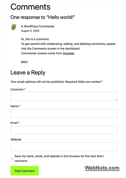 Default WordPress Comment Setup