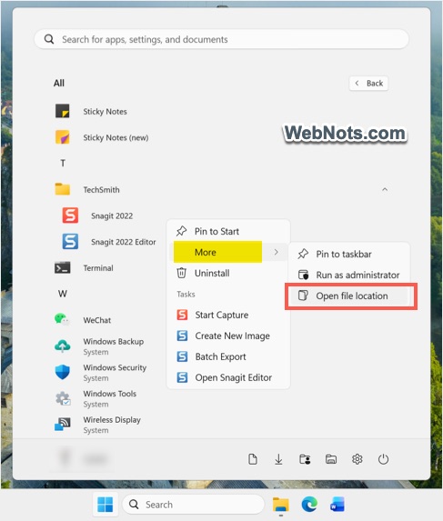 Go to App Location from Start