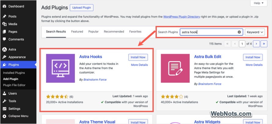 Install Astra Hooks Plugin