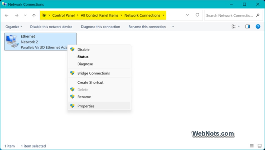 Network Adapter Details in Control Panel
