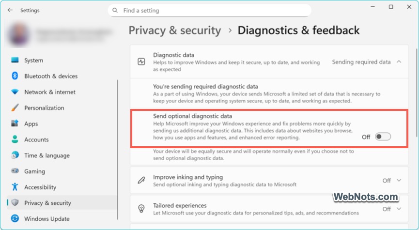 Optional Diagnostics Data Sharing in Windows 11
