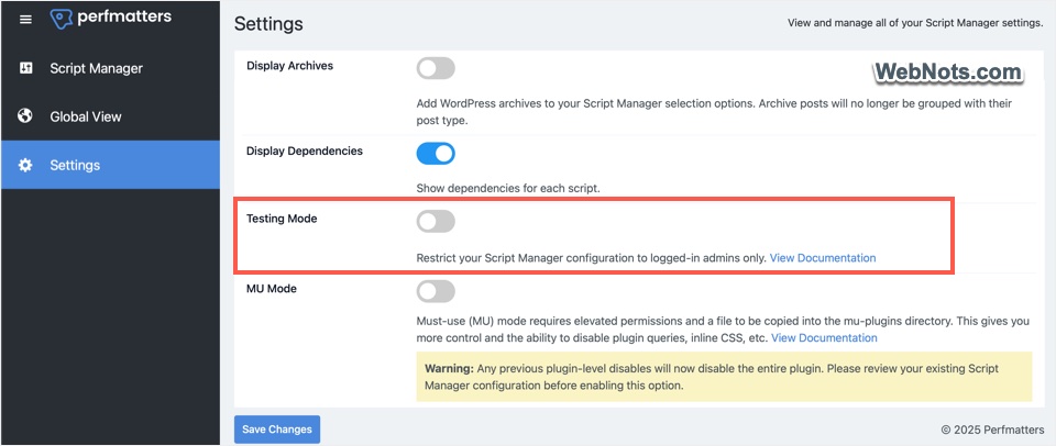 Perfmatters Testing Mode