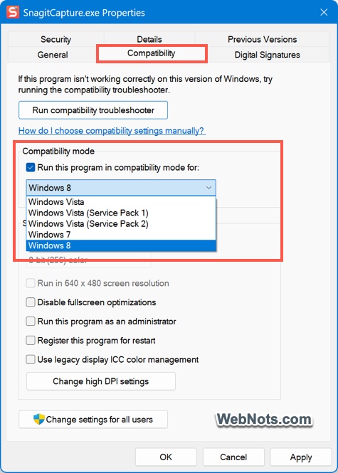 Select Compatibility Mode Version