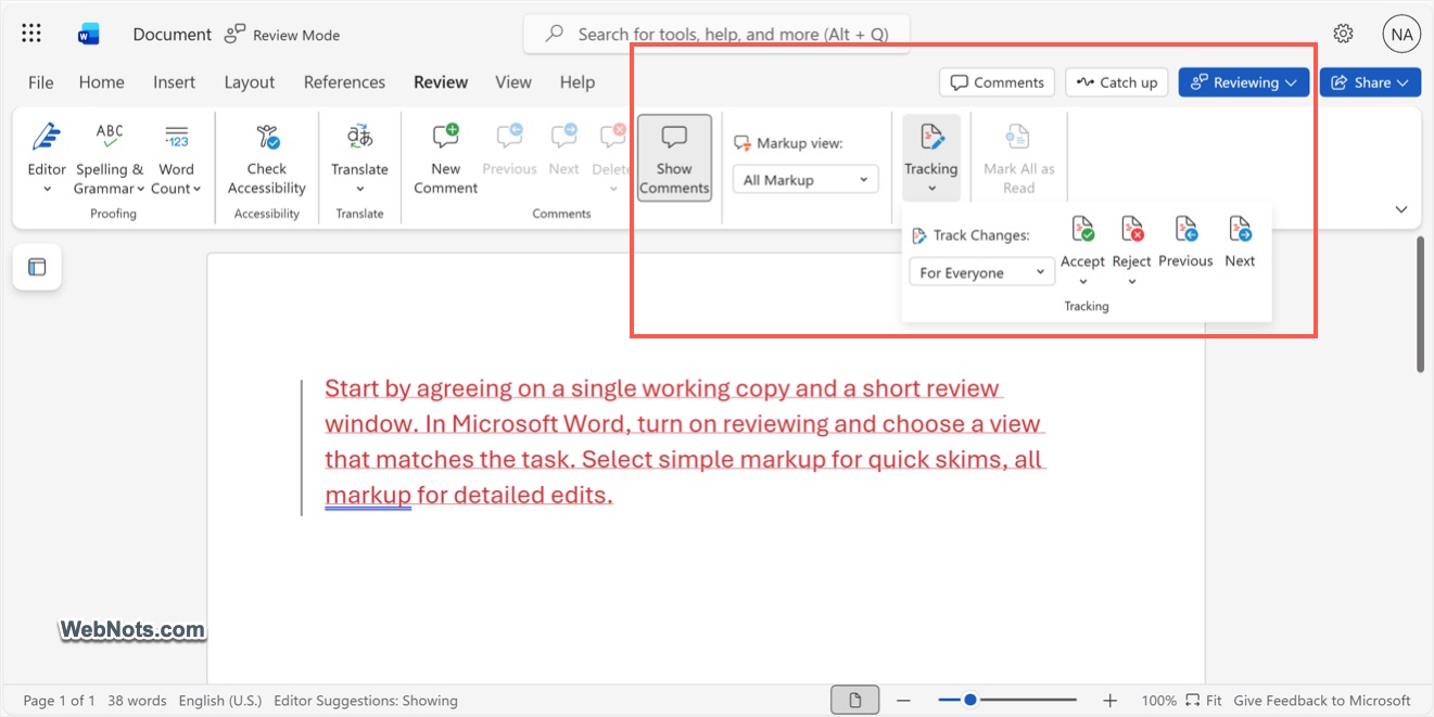 Track Changes in Microsoft Word Online Editor