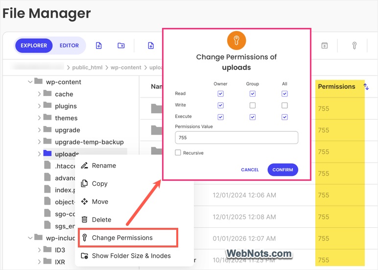 Change Permissions in File Manager