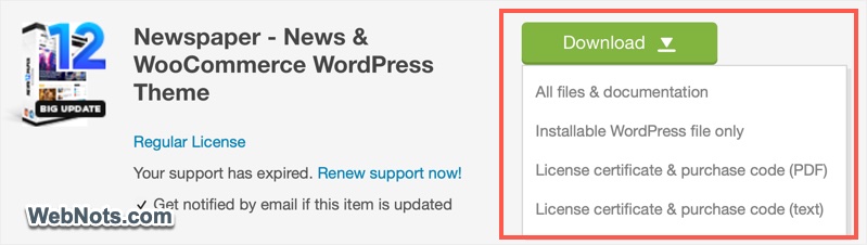 Downloading Theme Files in Themeforest