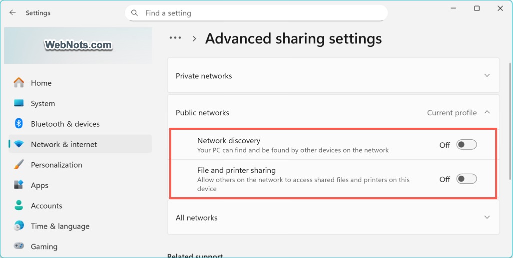 Enable Network Discovery and File Sharing