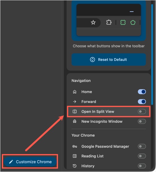 Enable Split View Icon in Chrome