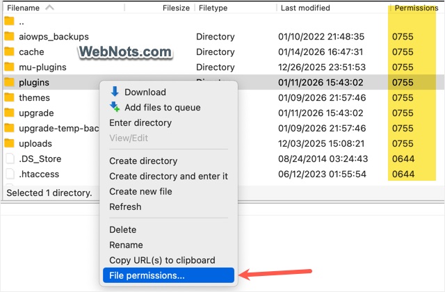 File Permissions Menu in FileZilla