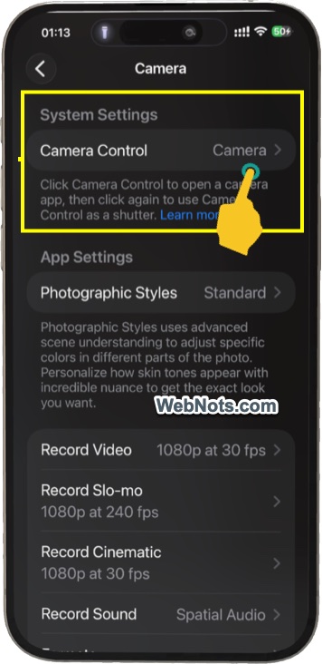 Open Camera Control Settings