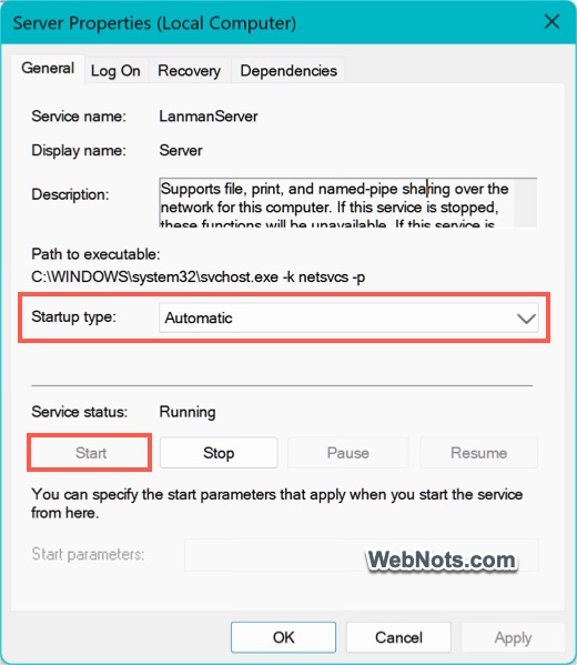 Set Automatic Startup for Server Service
