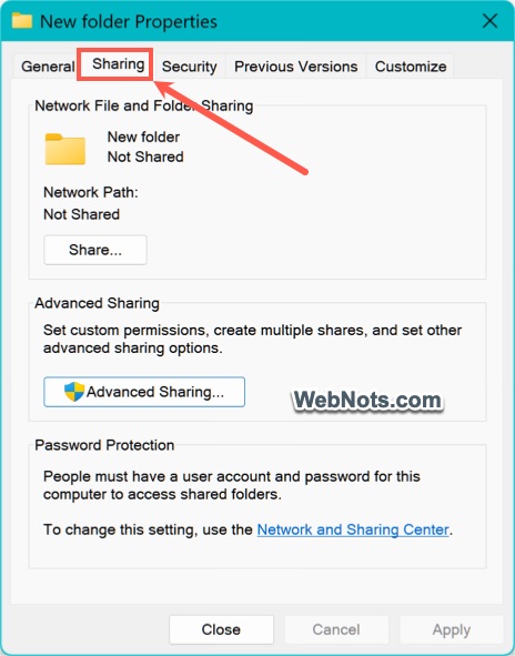 Sharing Tab in Folder Properties