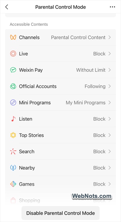 WeChat Parental Control Mode Options