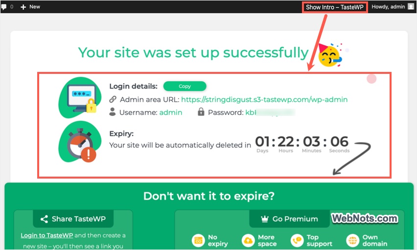 Copy Admin Credentials and Site Link